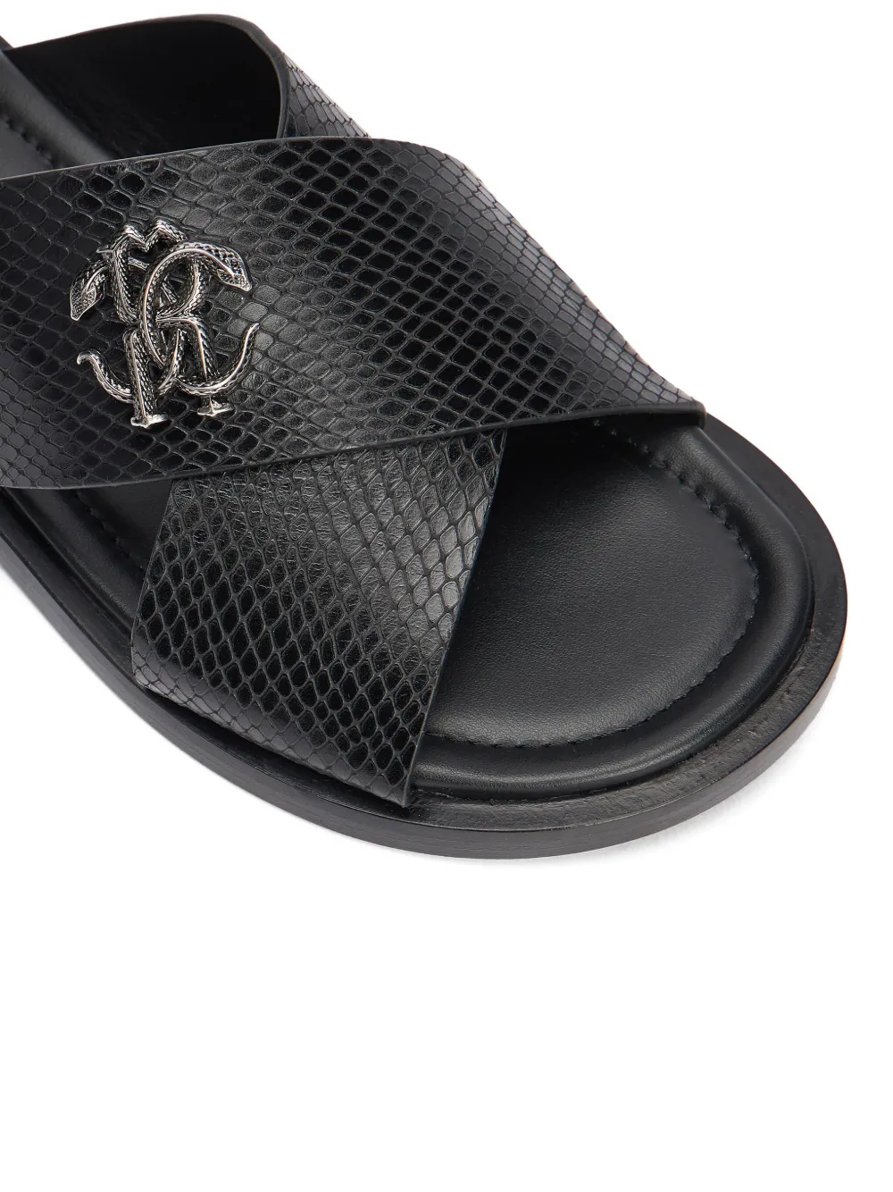 Roberto Cavalli Sandalen met slangenleer-effect en logoplakkaat Zwart