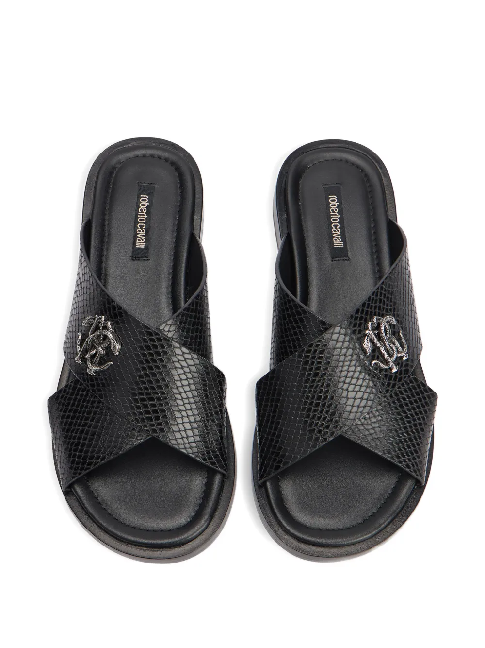 Roberto Cavalli Sandalen met slangenleer-effect en logoplakkaat Zwart