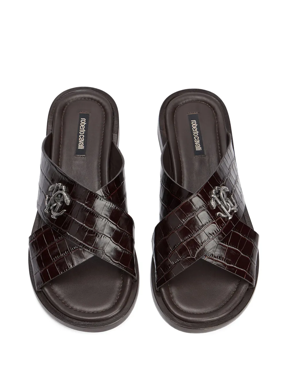 Roberto Cavalli Sandalen met krokodillen-reliëf en logo Bruin