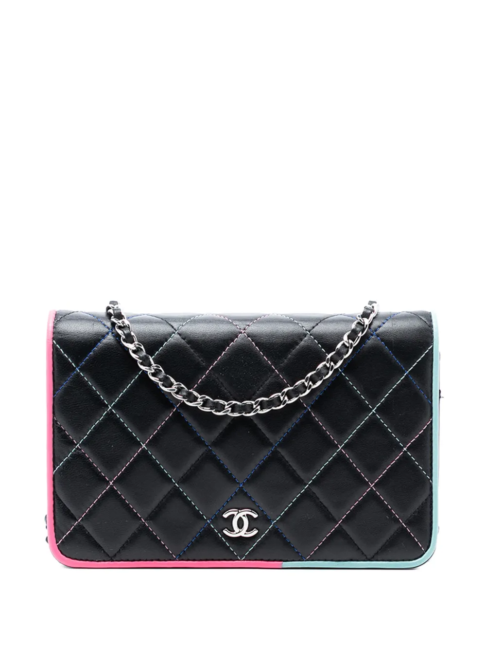 CHANEL Pre-Owned 2019 CC Quilted Lambskin Multicolor Border Full Flap Wallet on Chain crossbody bag - Nero