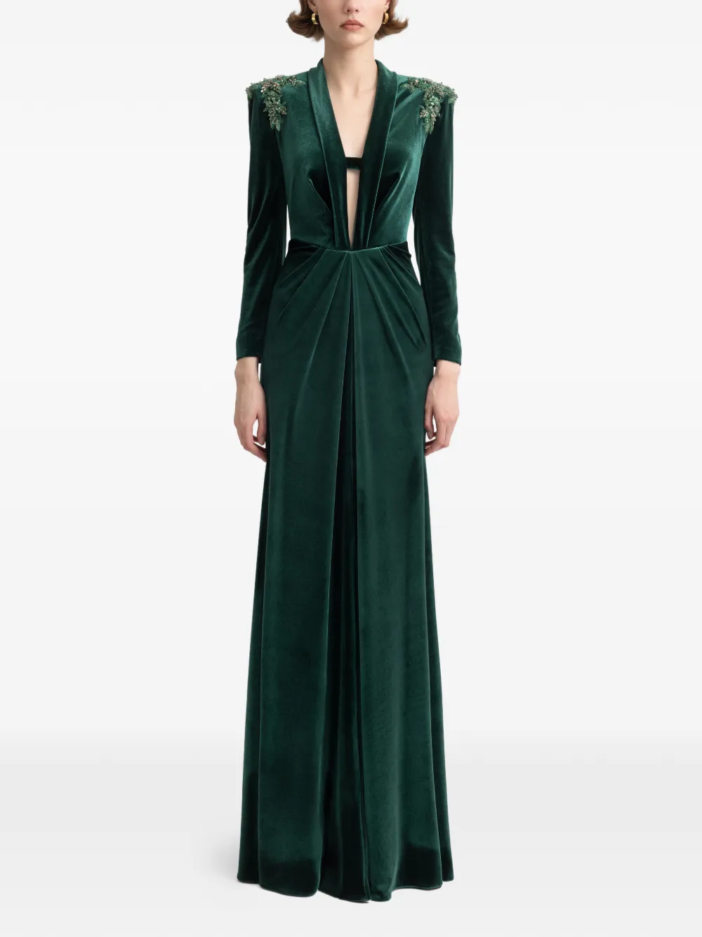Gemy Maalouf beaded-shoulders velvet dress - Groen