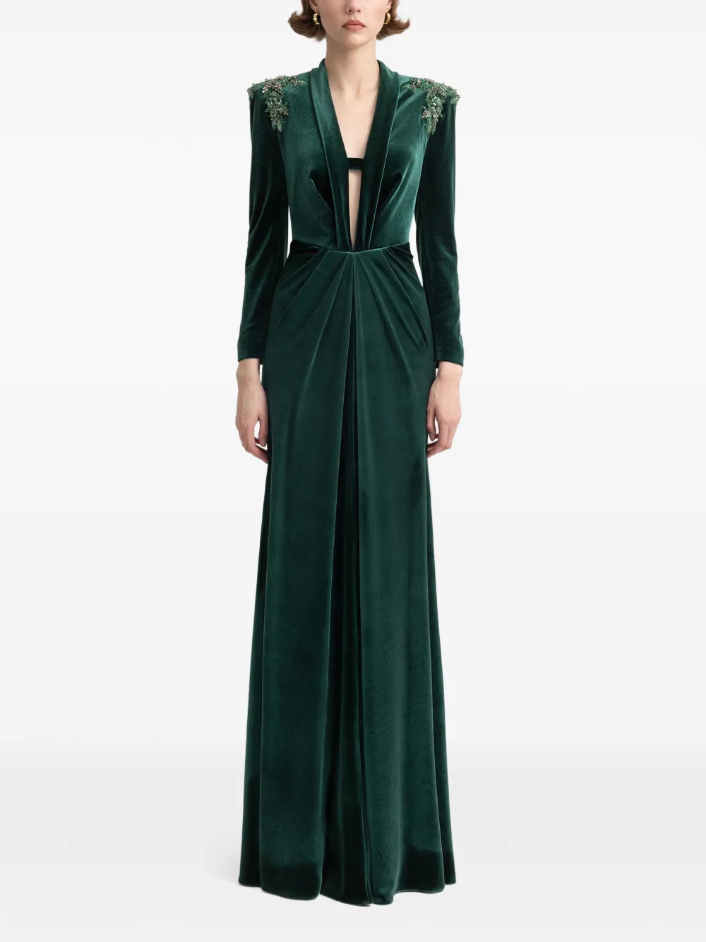 Gemy Maalouf beaded-shoulders velvet dress - Verde