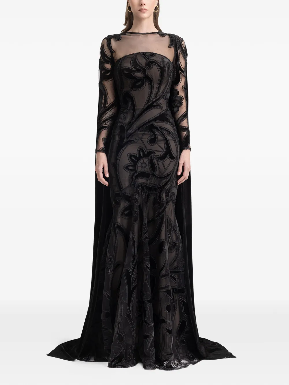 Gemy Maalouf floral-embroidery cape dress - Black