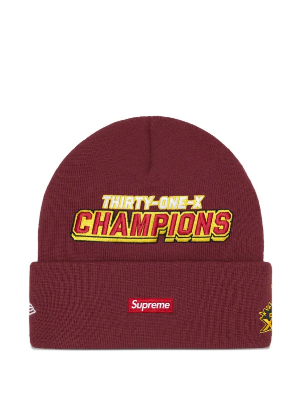 Supreme x New Era Football Embroidered Beanie Hat | Red | FARFETCH JO