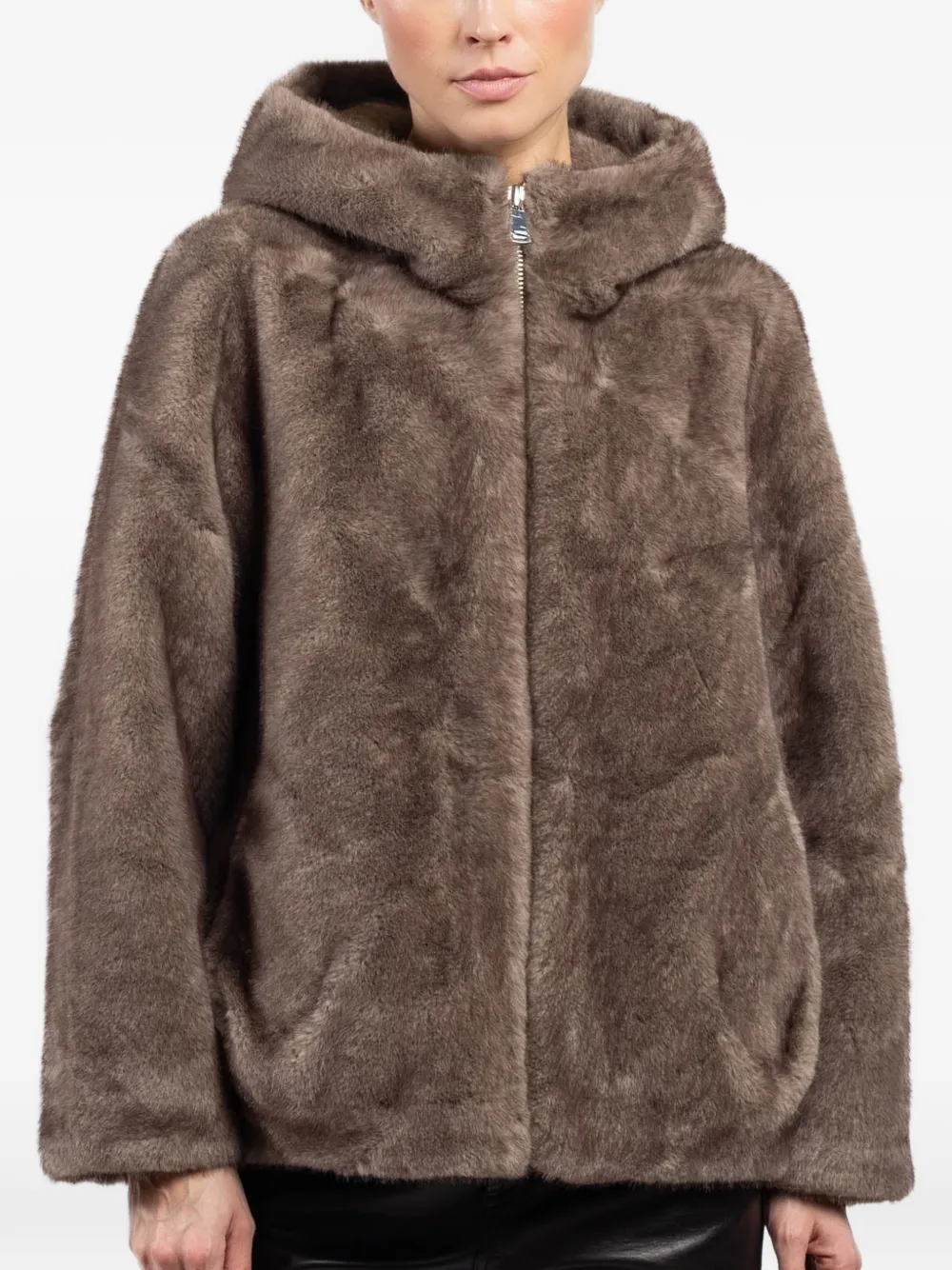 CHERRY BLUE hooded faux-fur jacket - Marrone