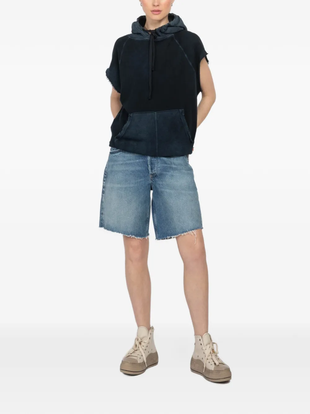 FreeCity hooded frayed-trim top - Zwart