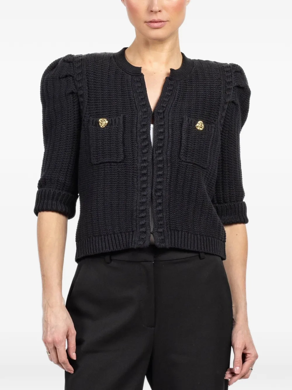 L'Agence Delilah puff-sleeve chest-pocket cardigan - Black