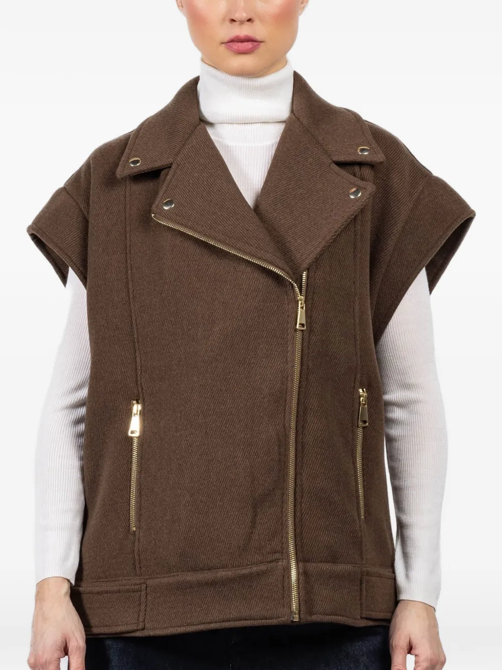 Tensione In Zip Biker Gilet In Brown