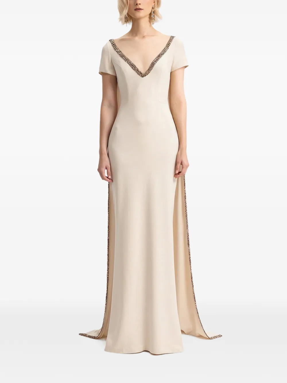 Gemy Maalouf Jurk met kralen afwerking en cape Beige