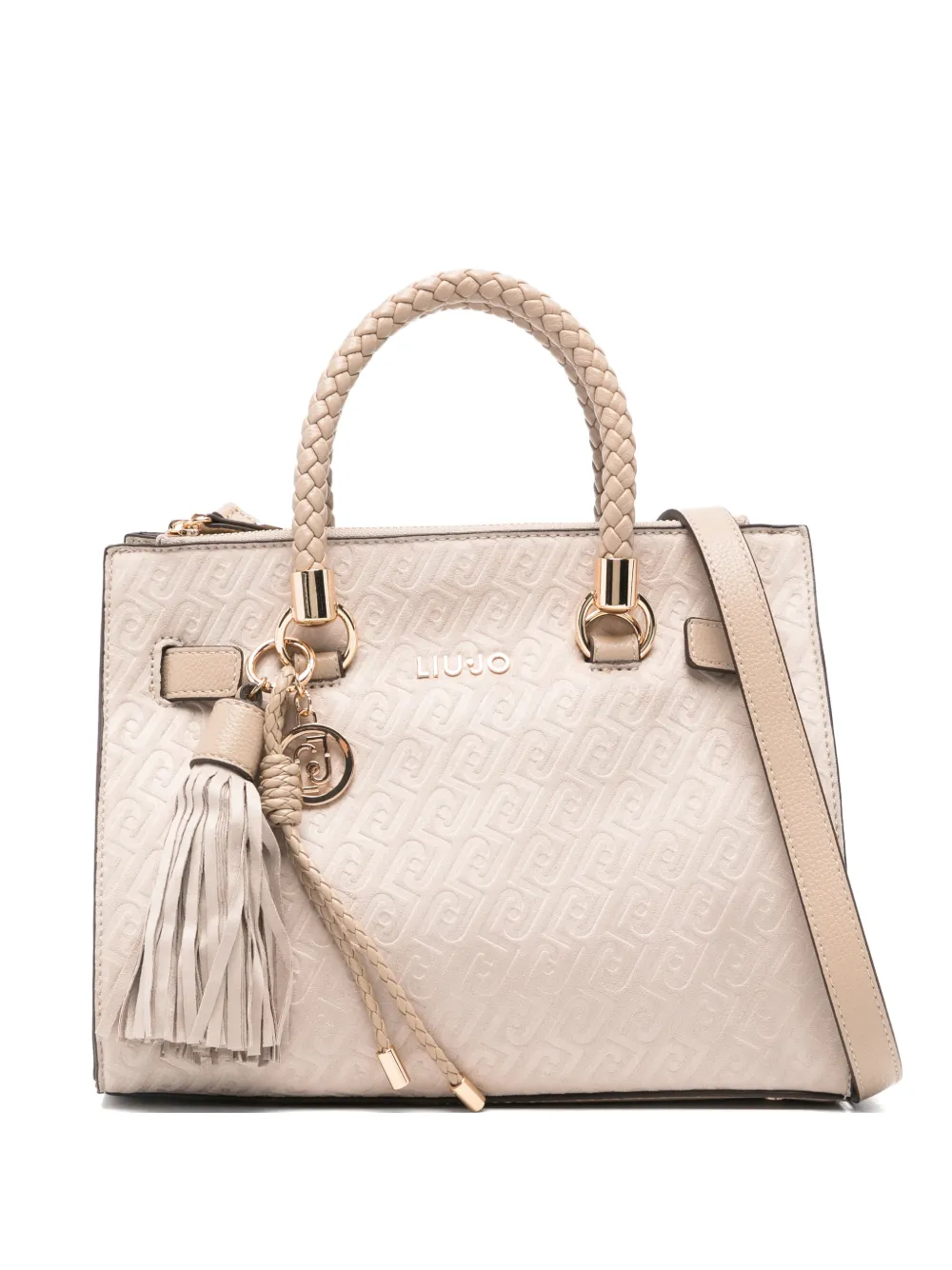 LIU JO small logo-embossed braided-handle tote bag - Toni neutri