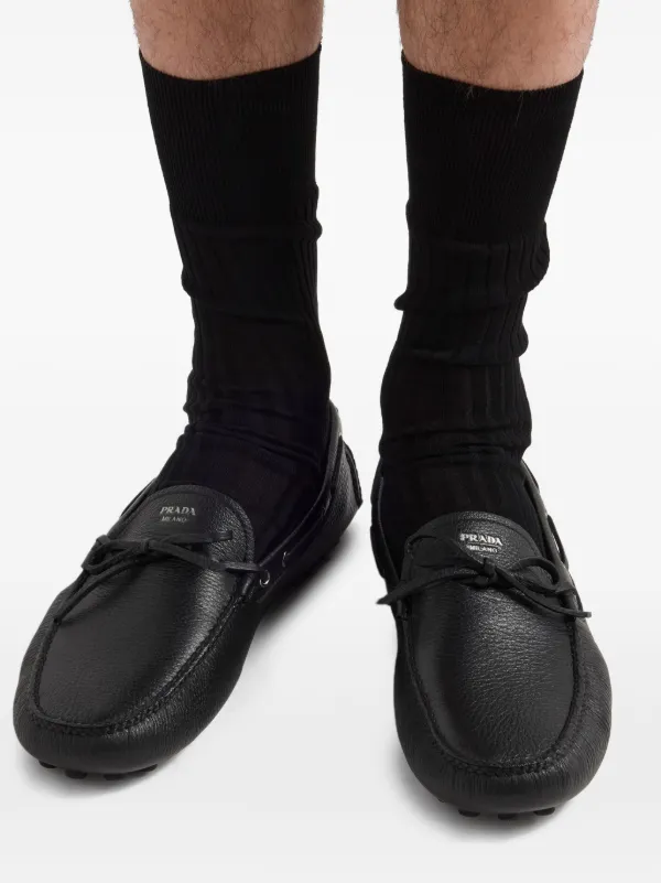 Prada printed-logo Leather Boat Shoes | Black | FARFETCH