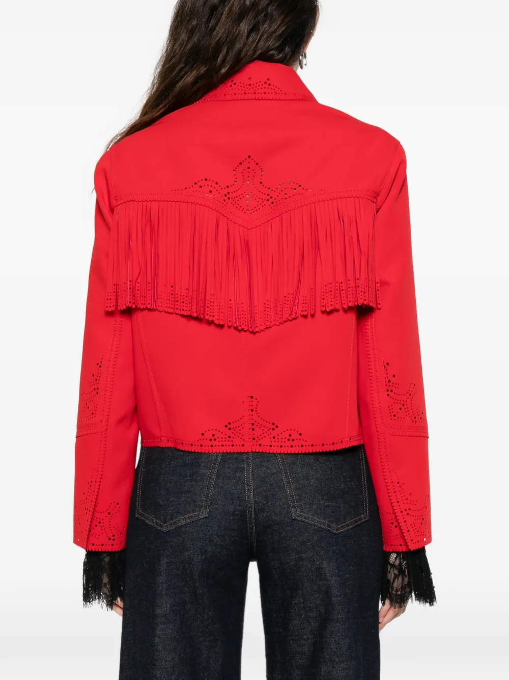 ERMANNO SCERVINO ショートダウンジャケット フリンジ付き Ermanno Scervino フリンジ レーサーカット ジャケット | レッド
