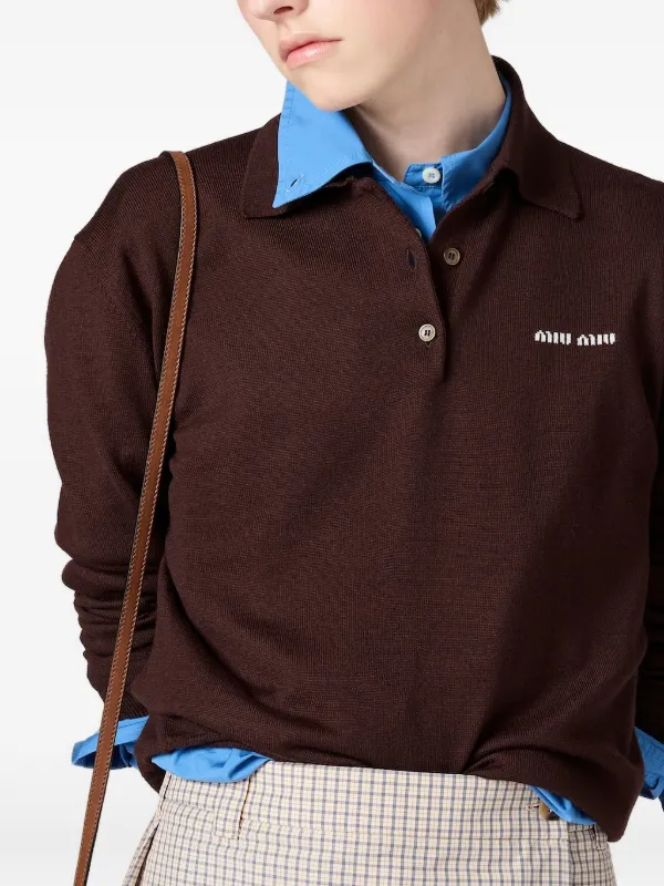 Miu Miu Wool Knit Polo Shirt | Brown | FARFETCH