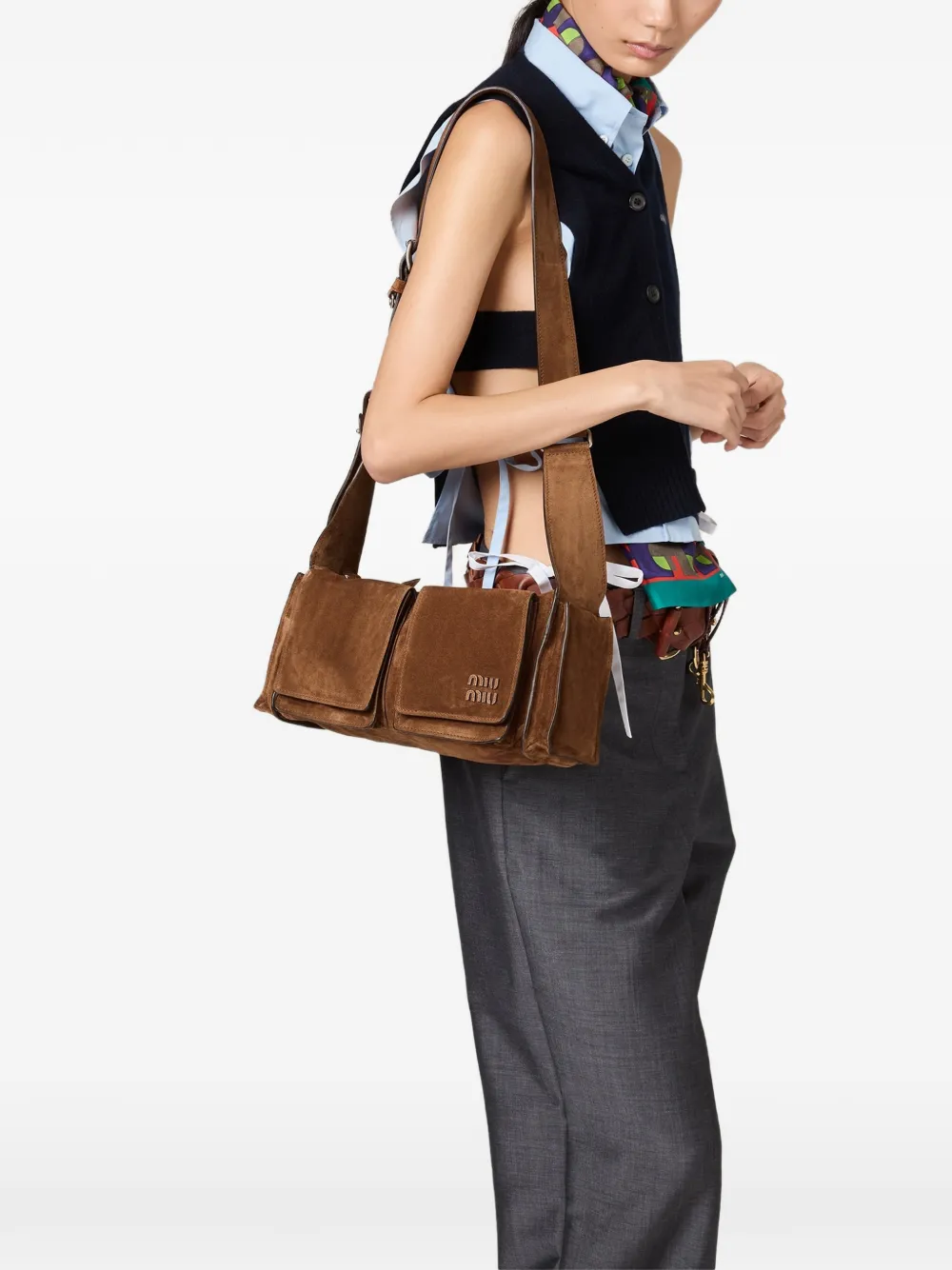 Miu Miu Utilitaire suede shoulder bag - Bruin
