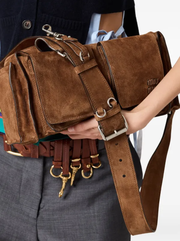 MIU MIU Suède Leather Shoulder Bag Miu Miu Utilitaire Suede Shoulder Bag | Brown | FARFETCH SG