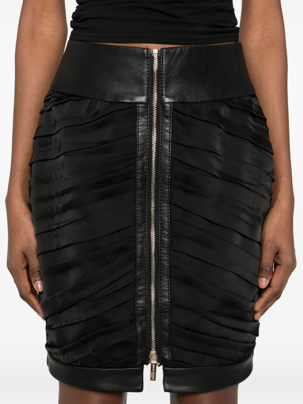 Draped Zip Leather Mini Skirt