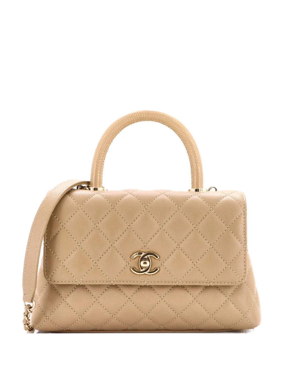 Pre-owned Chanel Coco Top Handle Bag Quilted Caviar Mini Satchel In Neutral