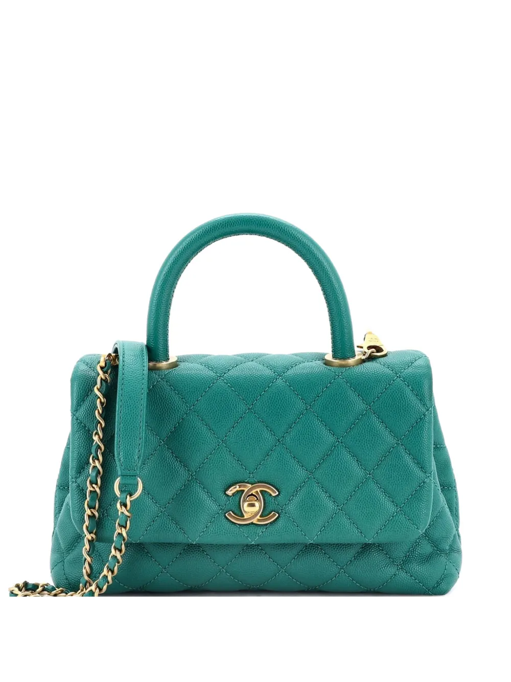 Pre-owned Chanel Coco Top Handle Bag Quilted Caviar Mini Satchel In Green