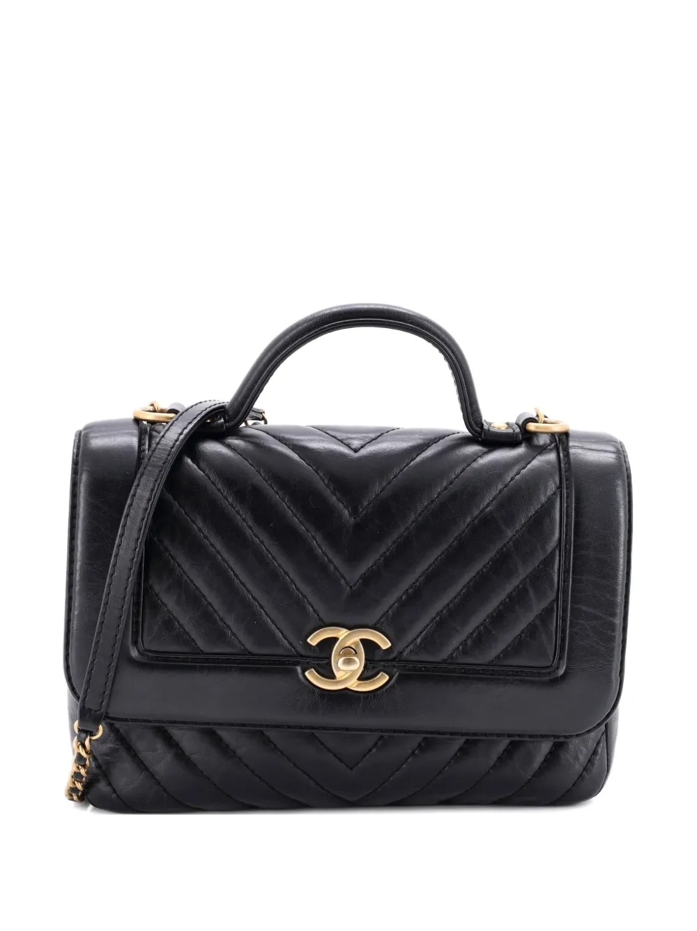 CHANEL Pre-Owned Top Handle Flap Bag Chevron Calfskin Small crossbody bag - Nero