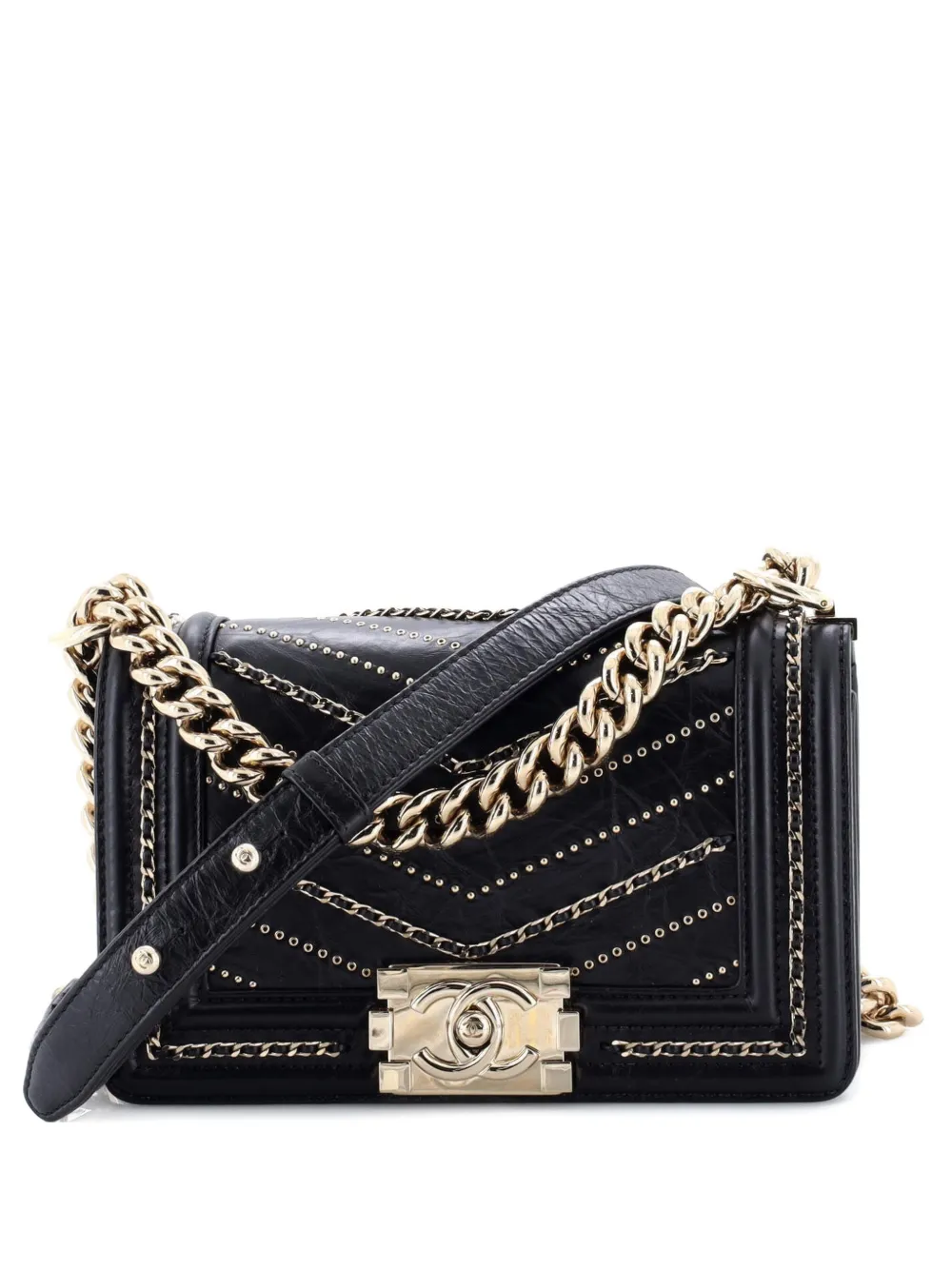CHANEL Pre-Owned Boy Flap Bag Chevron Embellished Crumpled Calfskin Small crossbody bag - Nero
