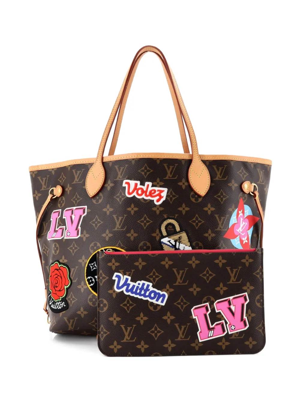 Pre-owned Louis Vuitton Neverfull Nm Limited Edition Patches Monogram Canvas Mm Tote Bag In Brown