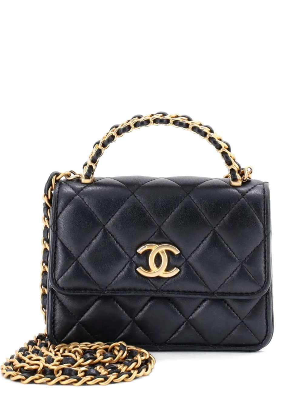 CHANEL Pre-Owned Woven Top Handle CC Flap Clutch on Chain Quilted Lambskin Small satchel - Nero
