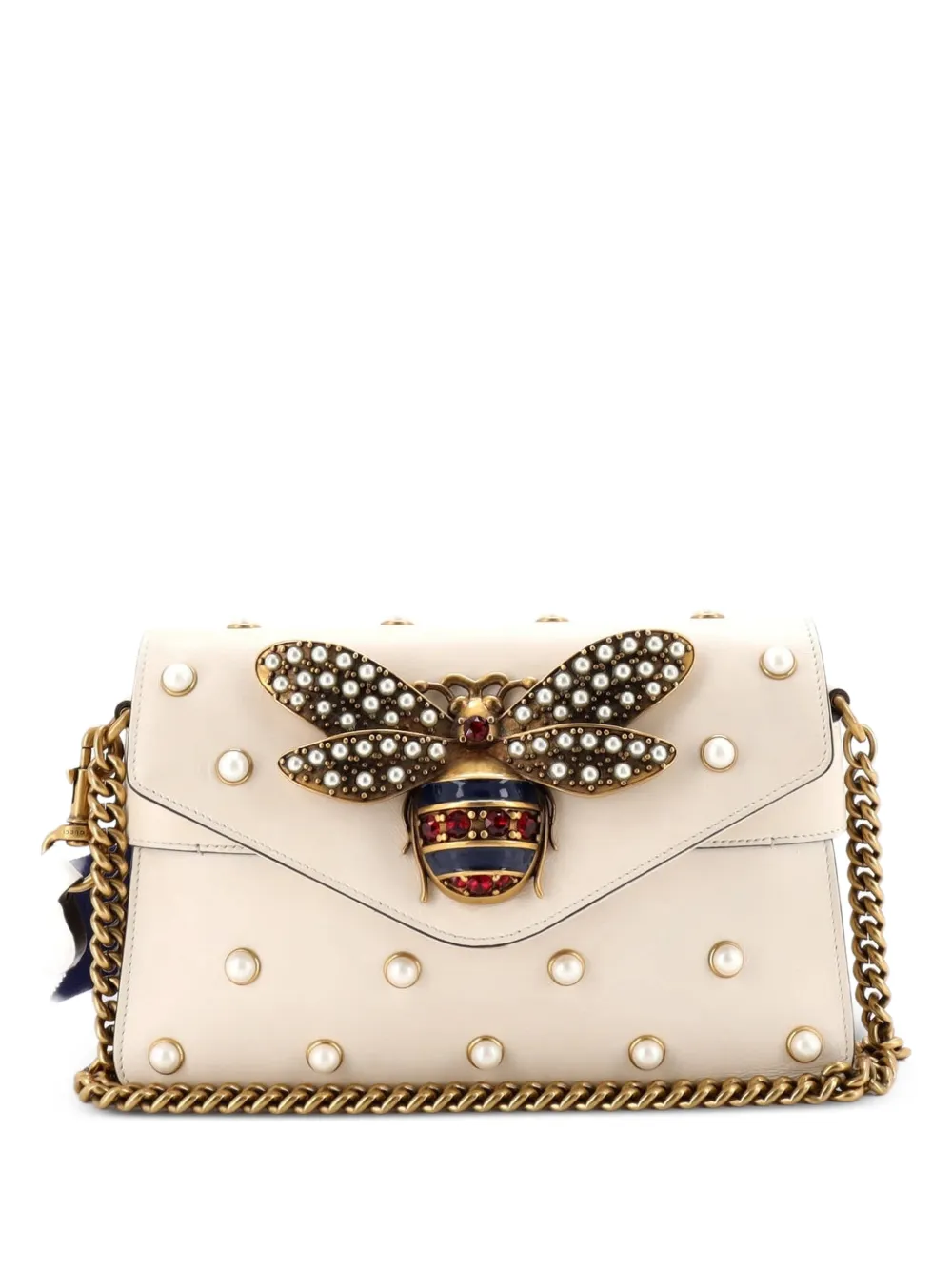 Gucci Pre-Owned Broadway Pearly Bee Embellished Leather Mini shoulder bag - Bianco