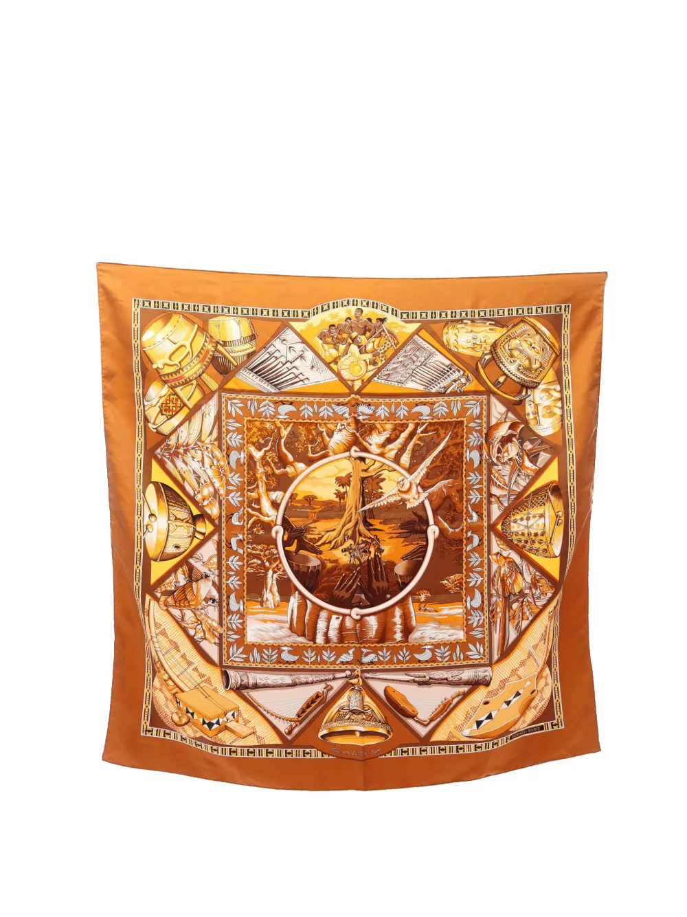 Pre-owned Hermes 20th Century Au Son Du Tam Tam Silk Scarf 90 Scarves In Brown