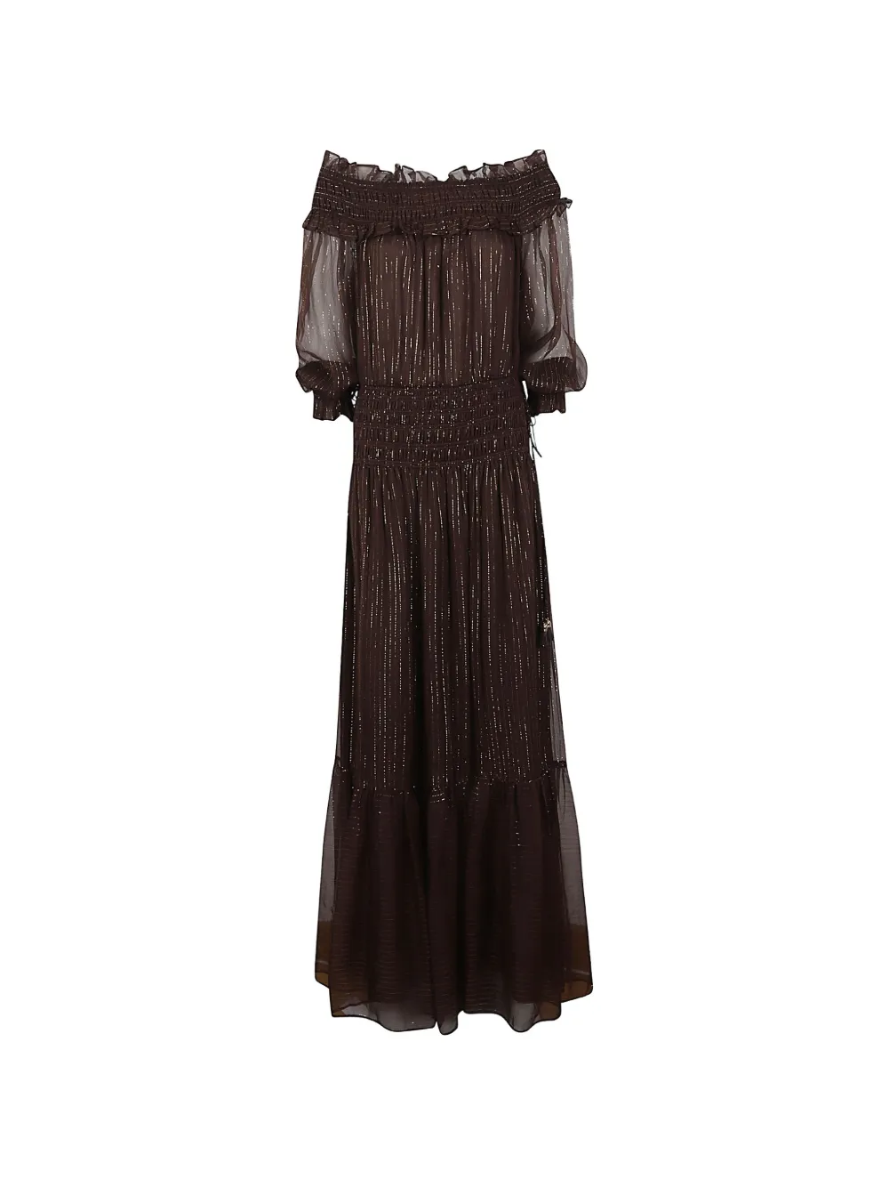 Self-Portrait Georgette metallic-thread shirred maxi dress - Marrone