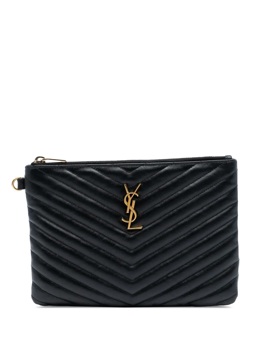 Saint Laurent Pre-Owned 2018 Chevron Leather Monogram Zip A5 Wristlet Pouch clutch bag - Black