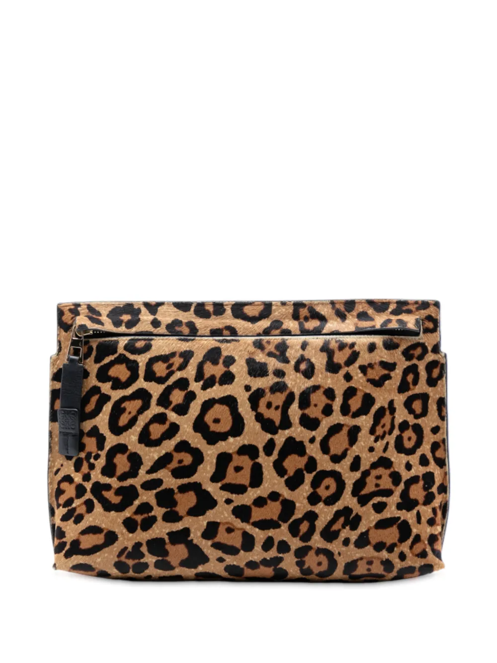 Pre-owned Loewe 2016 Leopard Print Pony Hair T Pouch Clutch Bag In Brown