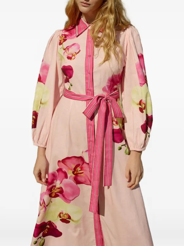 Aston Studio Lucille Floral Belted Midi Dress | Pink | FARFETCH