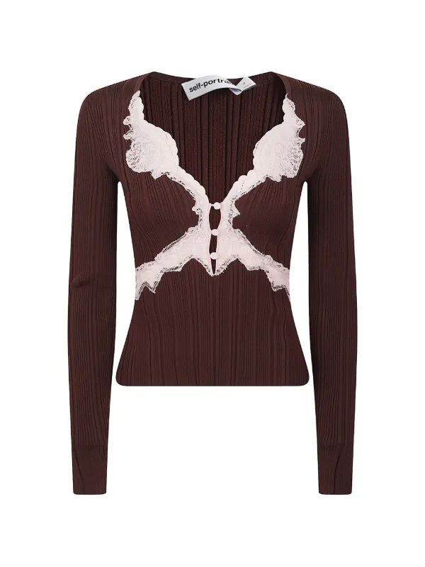 Self-Portrait Lace-trim Sweater in Brown