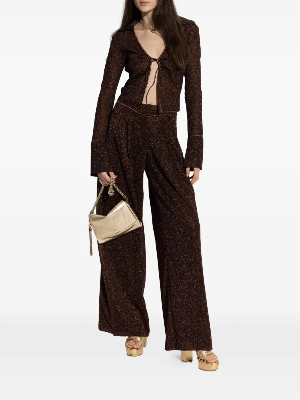 Oseree Lumière Trousers In Semi-transparent Brown Metallic Fabric In Brown