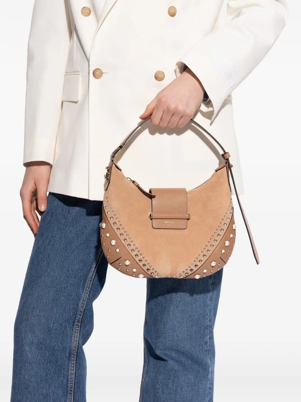 Jimmy Choo Kleine Bar schoudertas met studs Beige