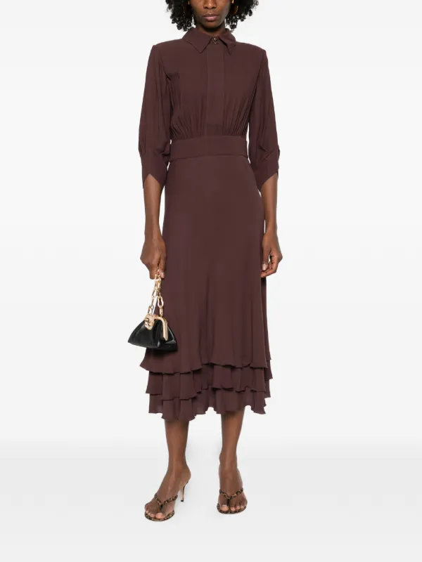 Elisabetta Franchi Tiered Ruffled Midi Dress | Brown | FARFETCH