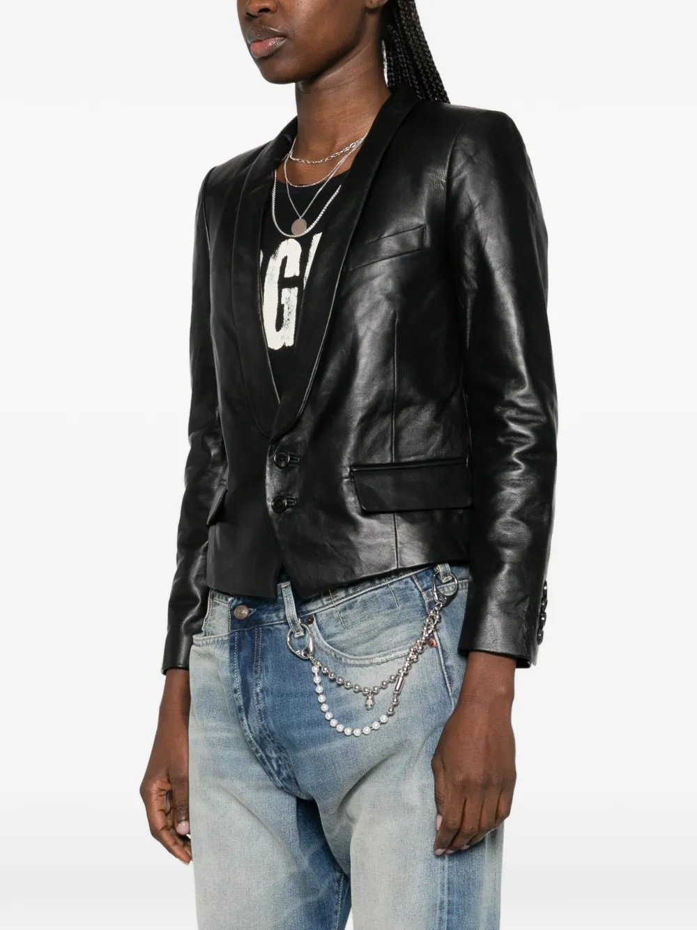 Shrunken Shawl-Collar Leather Blazer
