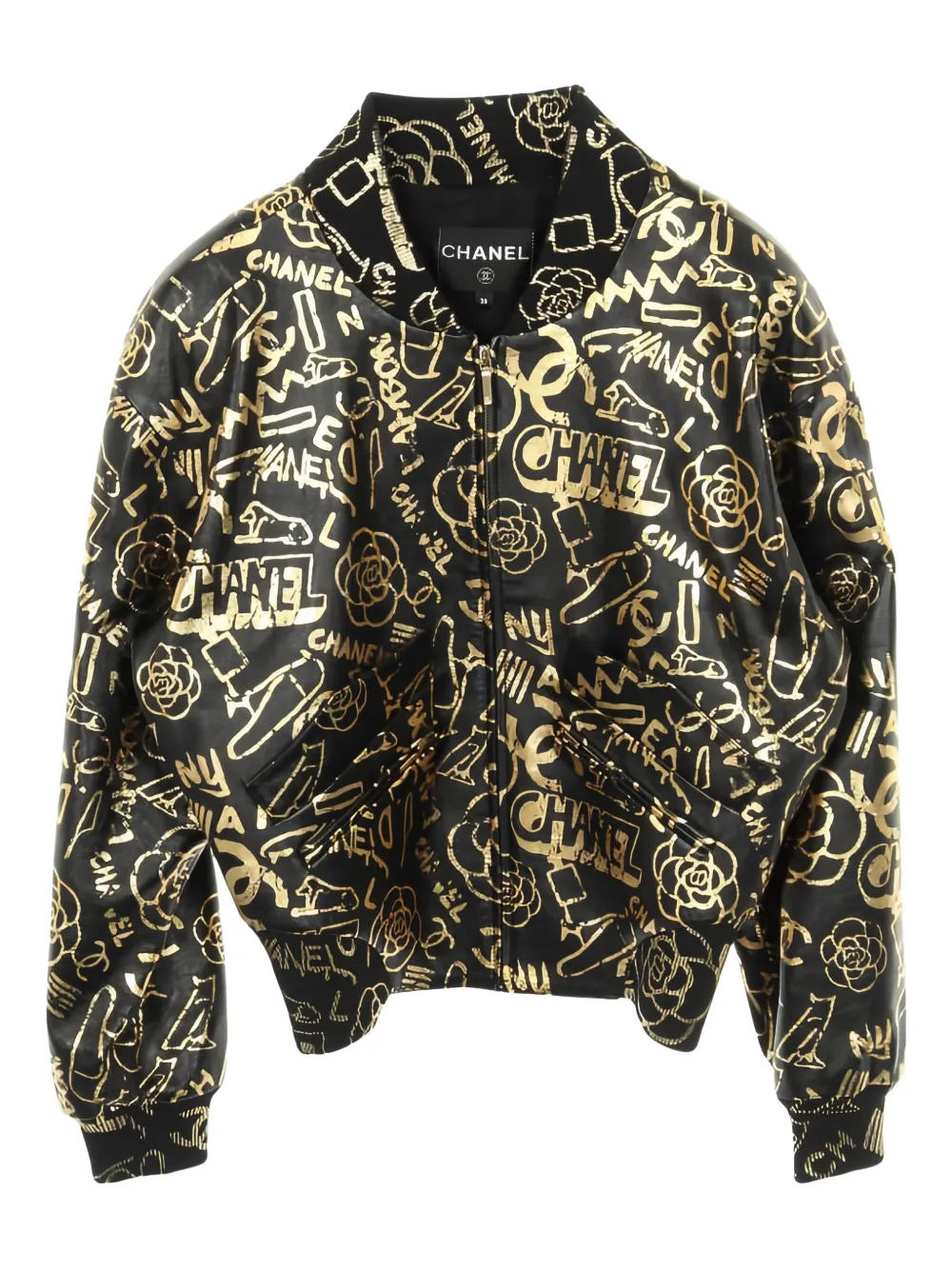 Pre-owned Chanel 1986-1988 All-over-pattern Bomber Leather Jacket In Black