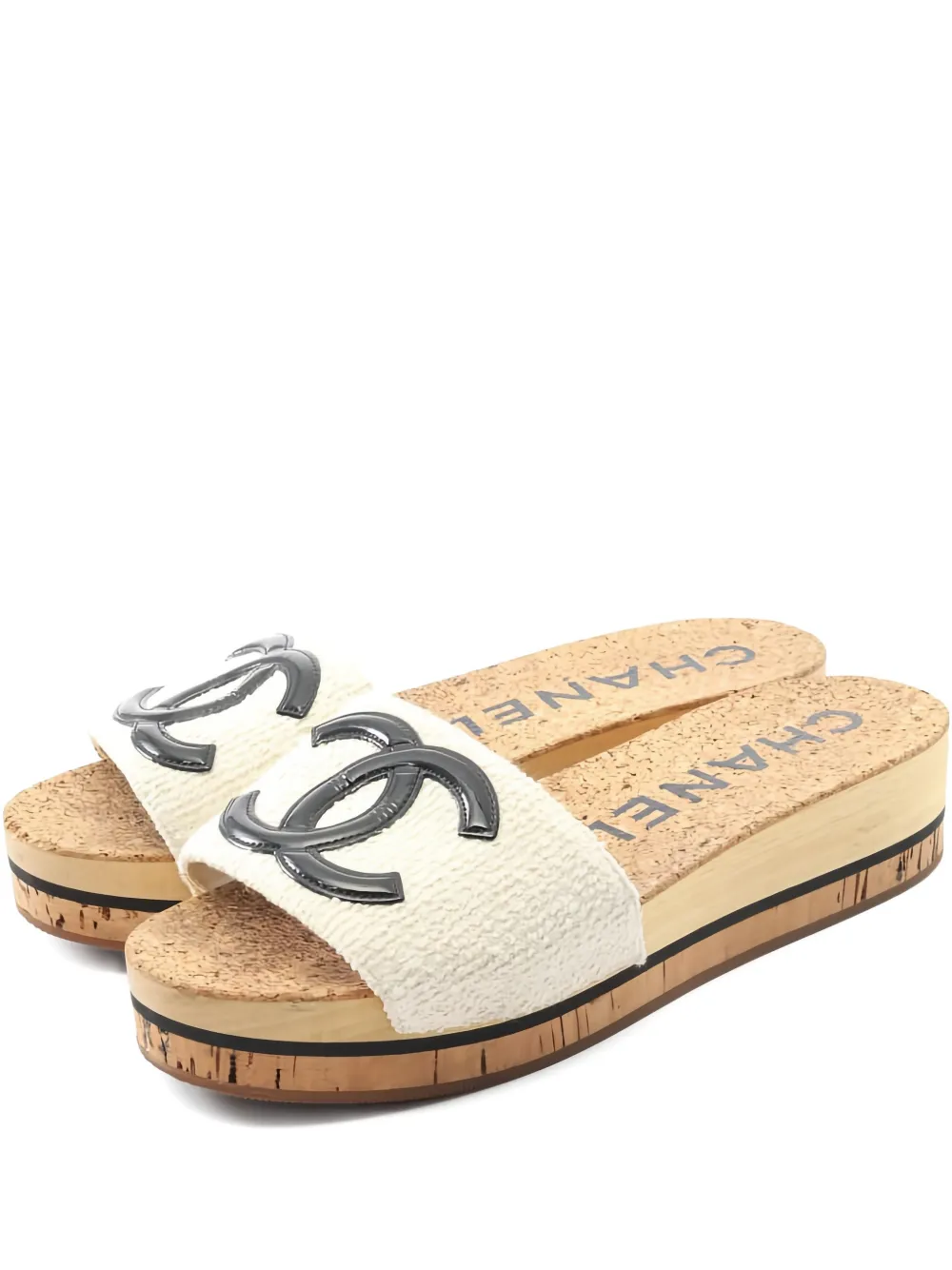 CHANEL Pre-Owned 1986-1988 tweed CC mules - Weiß