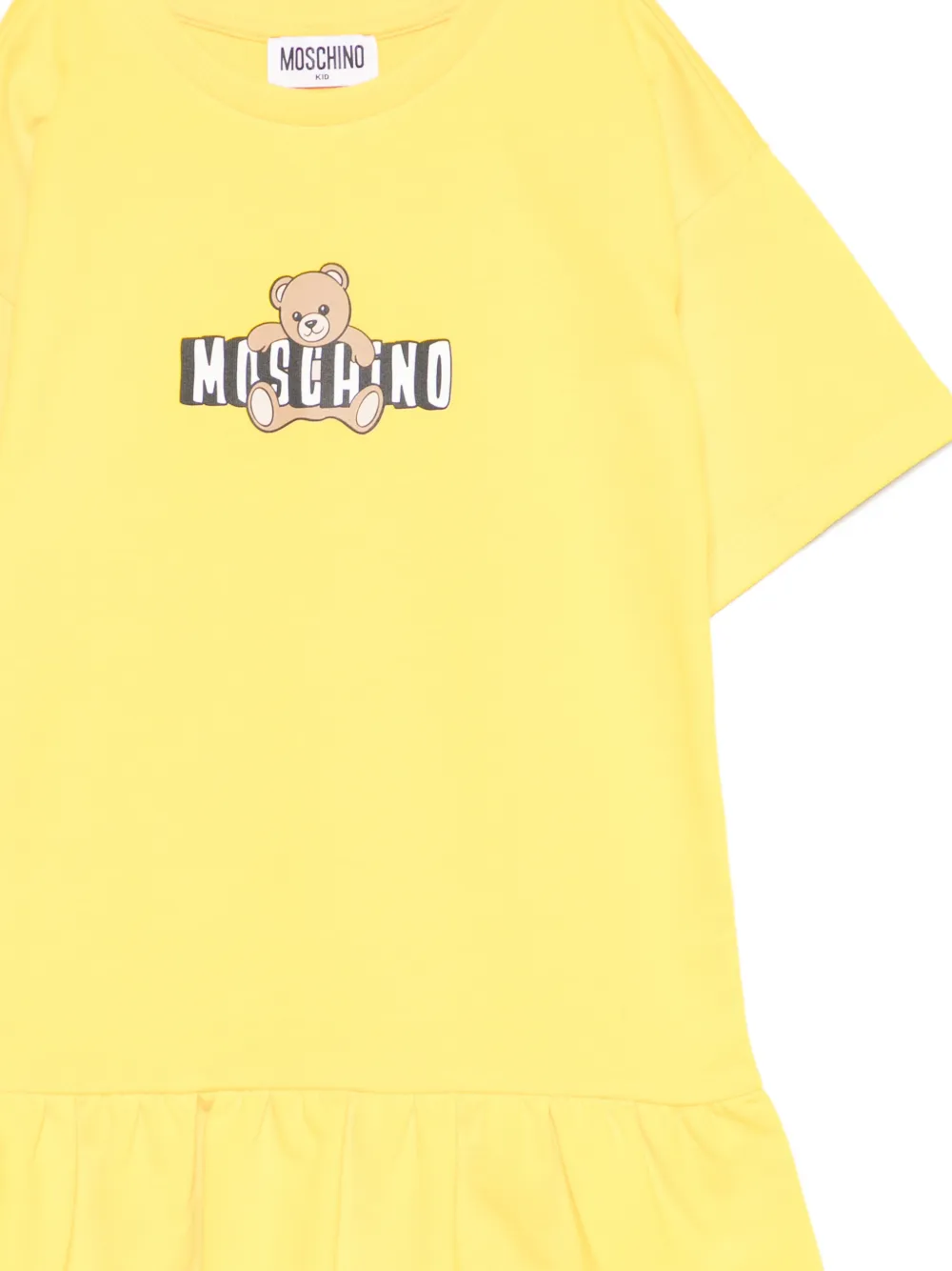 Moschino Kids Katoenen jurk met teddybeerpatroon en ruches Geel