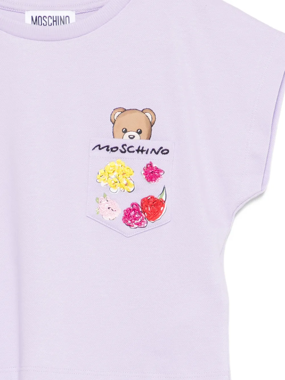 Moschino Kids T-shirt met geborduurde bloemen en borstzak Paars