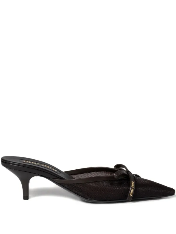 靴 Miu Miu 00s archive Mules black ribbon Miu Miu Mule Com Salto e Mesh | Marrom | FARFETCH BR
