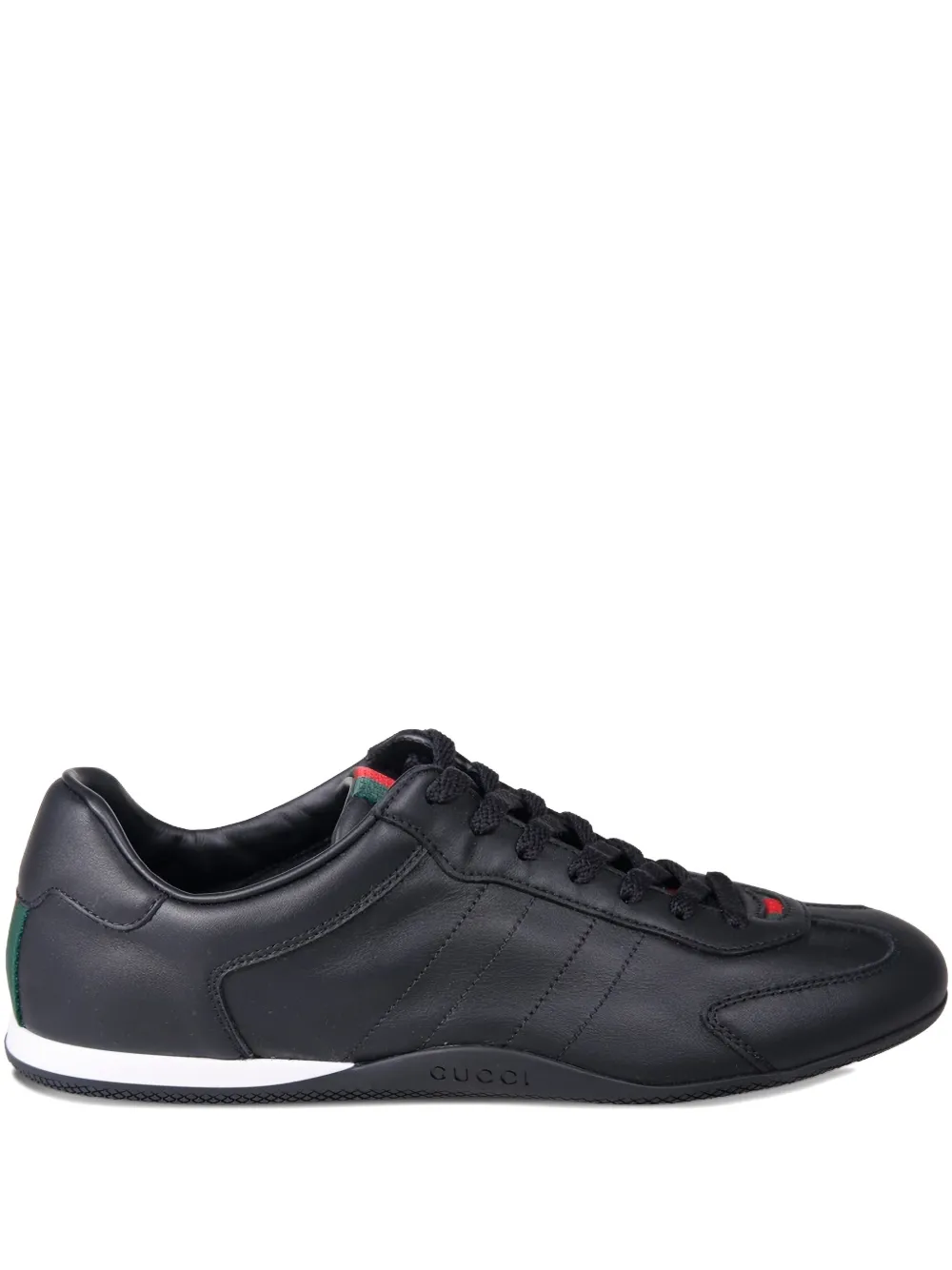 Gucci Men Black Low Top Sneakers With Web Tongue In Leather Man In Black