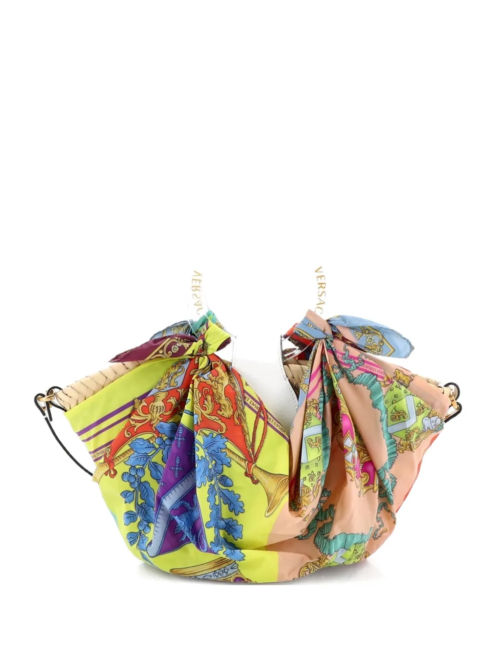 Versace Pre-Owned La Medusa Basket Bag Woven Straw and Printed Satin Small bucket bag - Multicolore