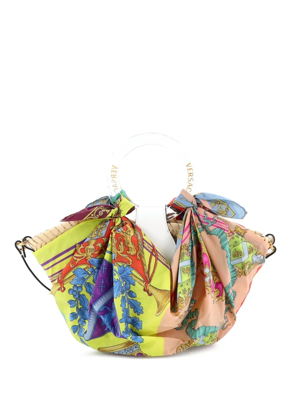 Versace Pre-Owned La Medusa Basket Bag Woven Straw and Printed Satin Small bucket bag - Multicolore