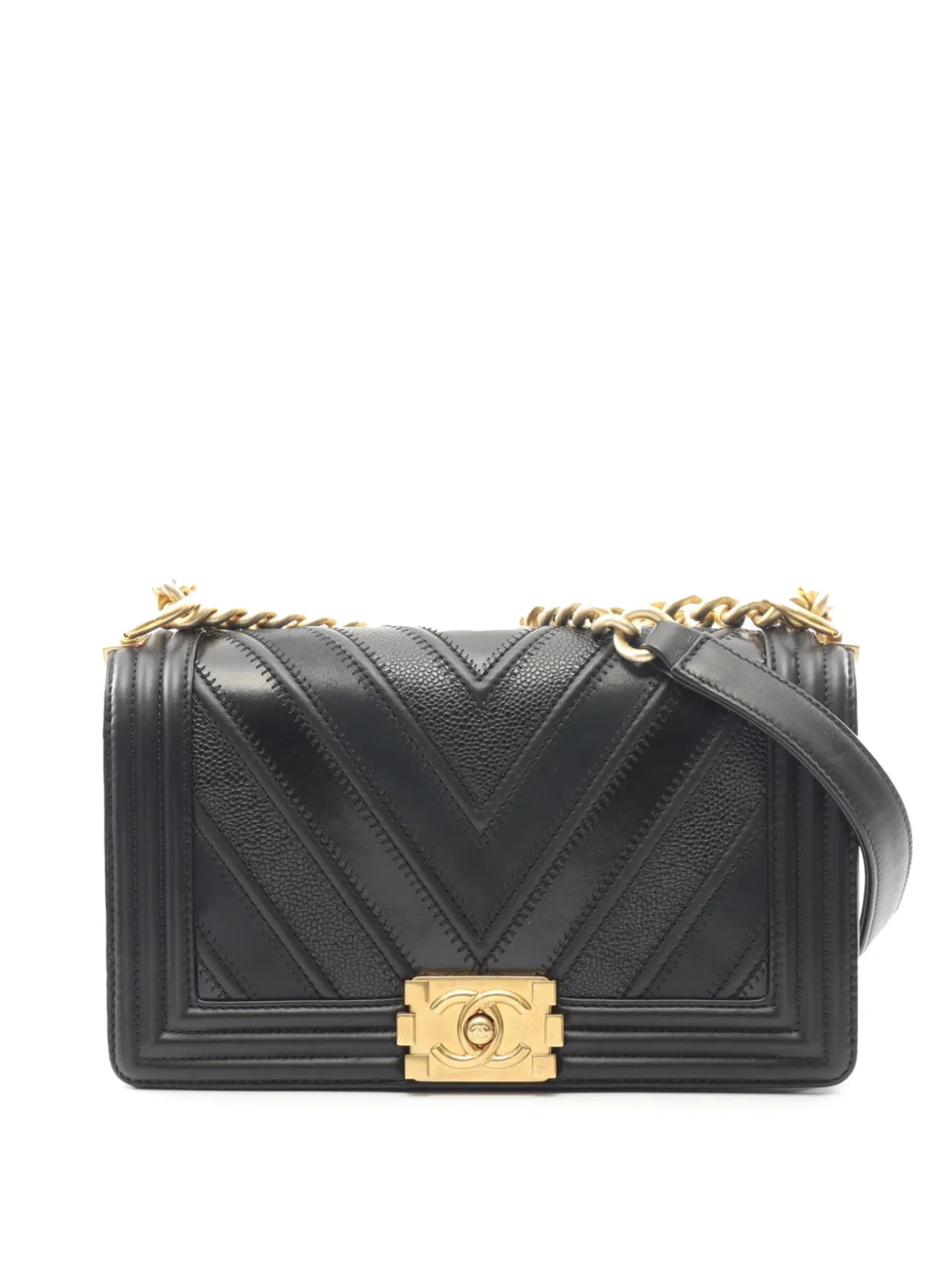 CHANEL Pre-Owned 2016-2017 CC Mixed Leather Chevron Boy Flap shoulder bag - Nero