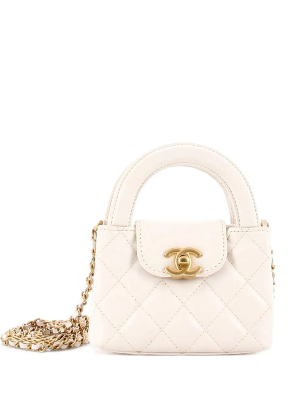 CHANEL Pre-Owned Kelly Top Handle Shopping Bag Quilted Shiny Aged Calfskin Nano crossbody bag - Bianco