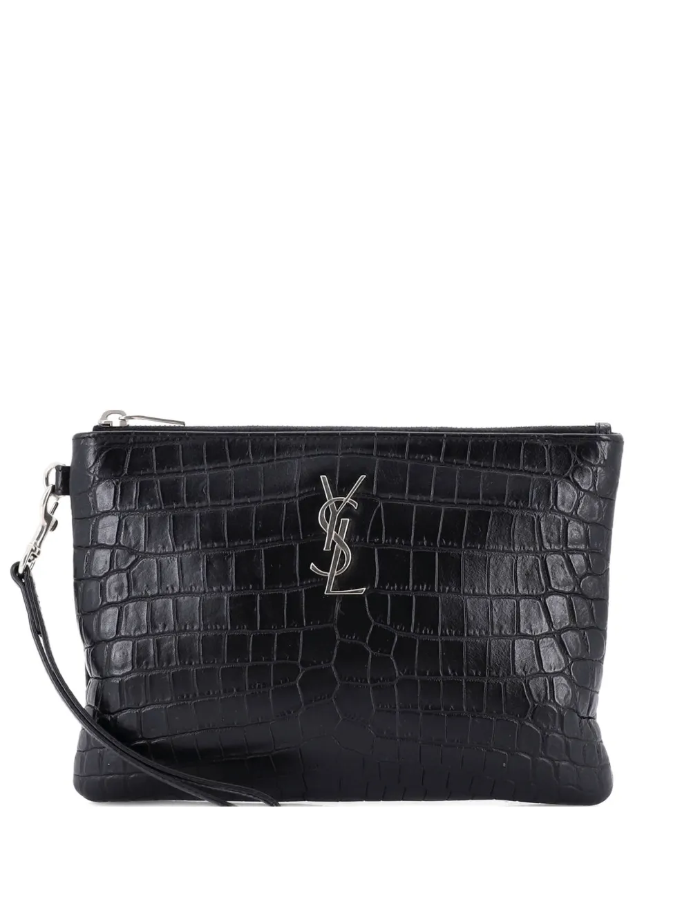 Saint Laurent Pre-Owned Classic Monogram Wristlet Pouch Crocodile Embossed Leather Small clutch bag - Nero