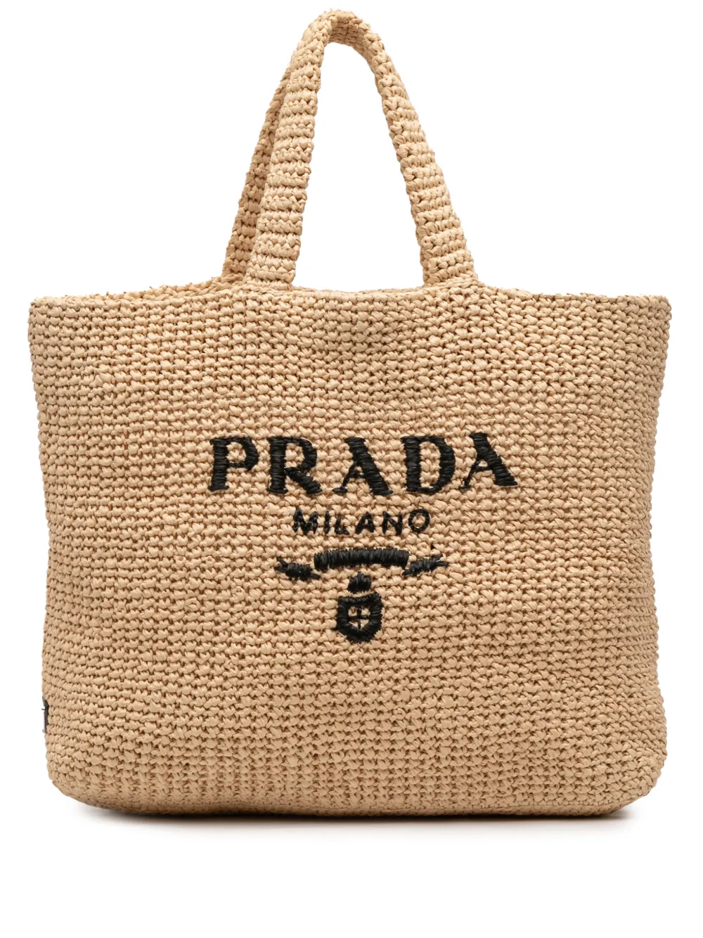 Prada Pre-Owned 2013-2025 Large Raffia Effect Crochet Embroidered Logo tote bag - Braun