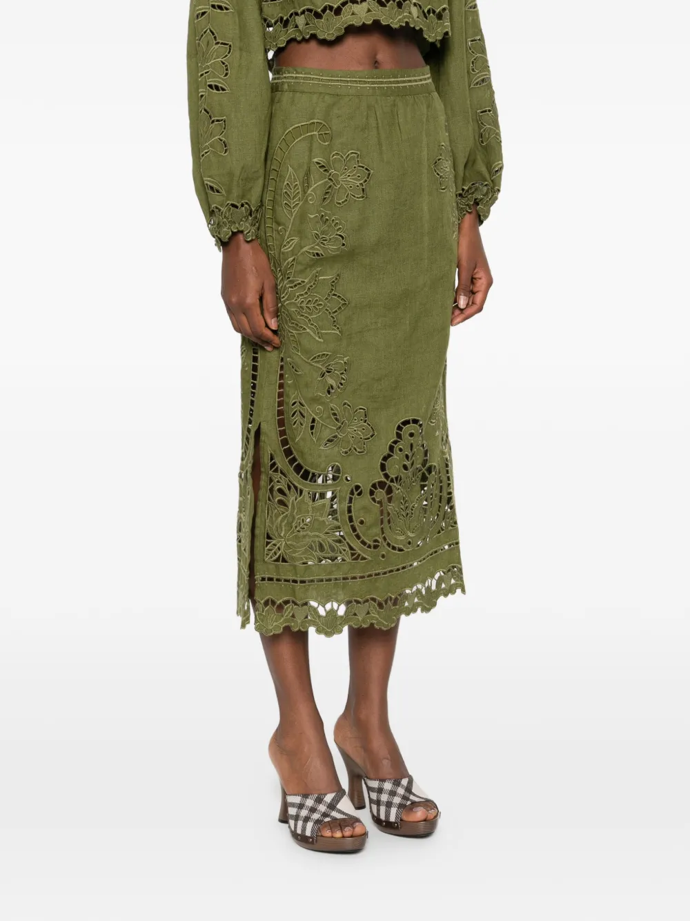  Farm Rio Floral Cut-out Midi Skirt - Green 